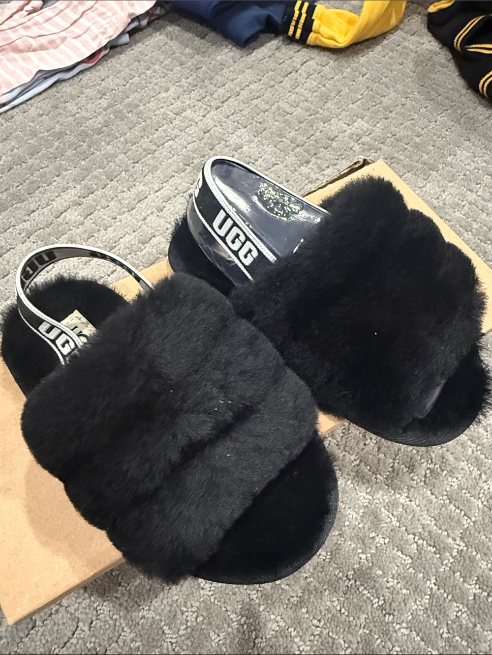 UGG Black Plush Slide Sandals with Branded Heel Strap